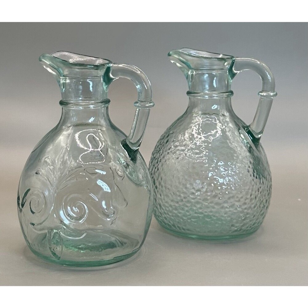 Vintage Teal Green Glass Cruet Mini Pitcher Etched Floral Design Canada Set If 2